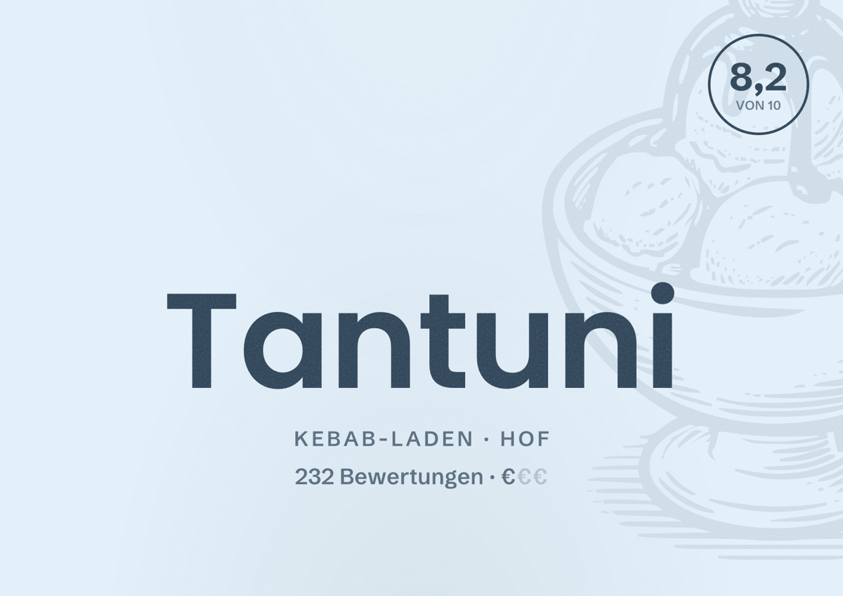Illustriertes Poster von Tantuni, Kebab-Laden in Hof: Bewertung 8,2 von 10 aus 232 Bewertungen, Preisniveau €