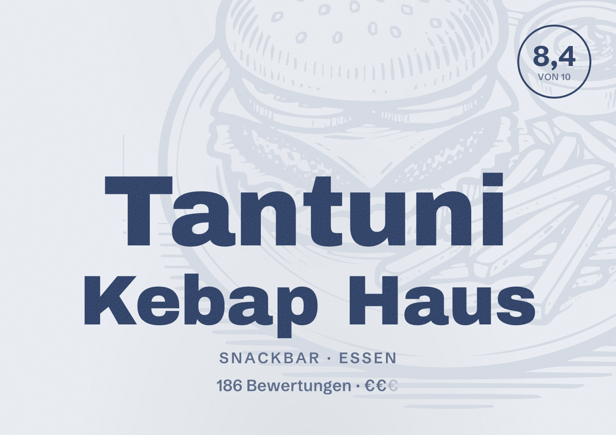 Illustriertes Poster von Tantuni Kebap Haus, Snackbar in Essen: Bewertung 8,4 von 10 aus 186 Bewertungen, Preisniveau €€
