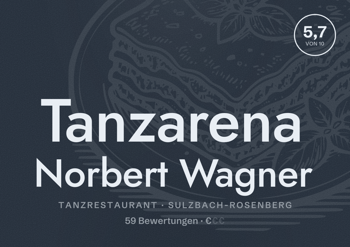 Illustriertes Poster von Tanzarena Norbert Wagner, Tanzrestaurant in Sulzbach-Rosenberg: Bewertung 5,7 von 10 aus 59 Bewertungen, Preisniveau €