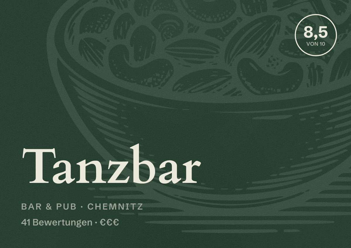 Illustriertes Poster von Tanzbar, Bar & Pub in Chemnitz: Bewertung 8,5 von 10 aus 41 Bewertungen, Preisniveau €€€