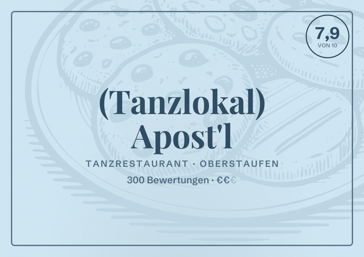 Illustriertes Poster von (Tanzlokal) Apost'l, Tanzrestaurant in Oberstaufen: Bewertung 7,9 von 10 aus 300 Bewertungen, Preisniveau €€