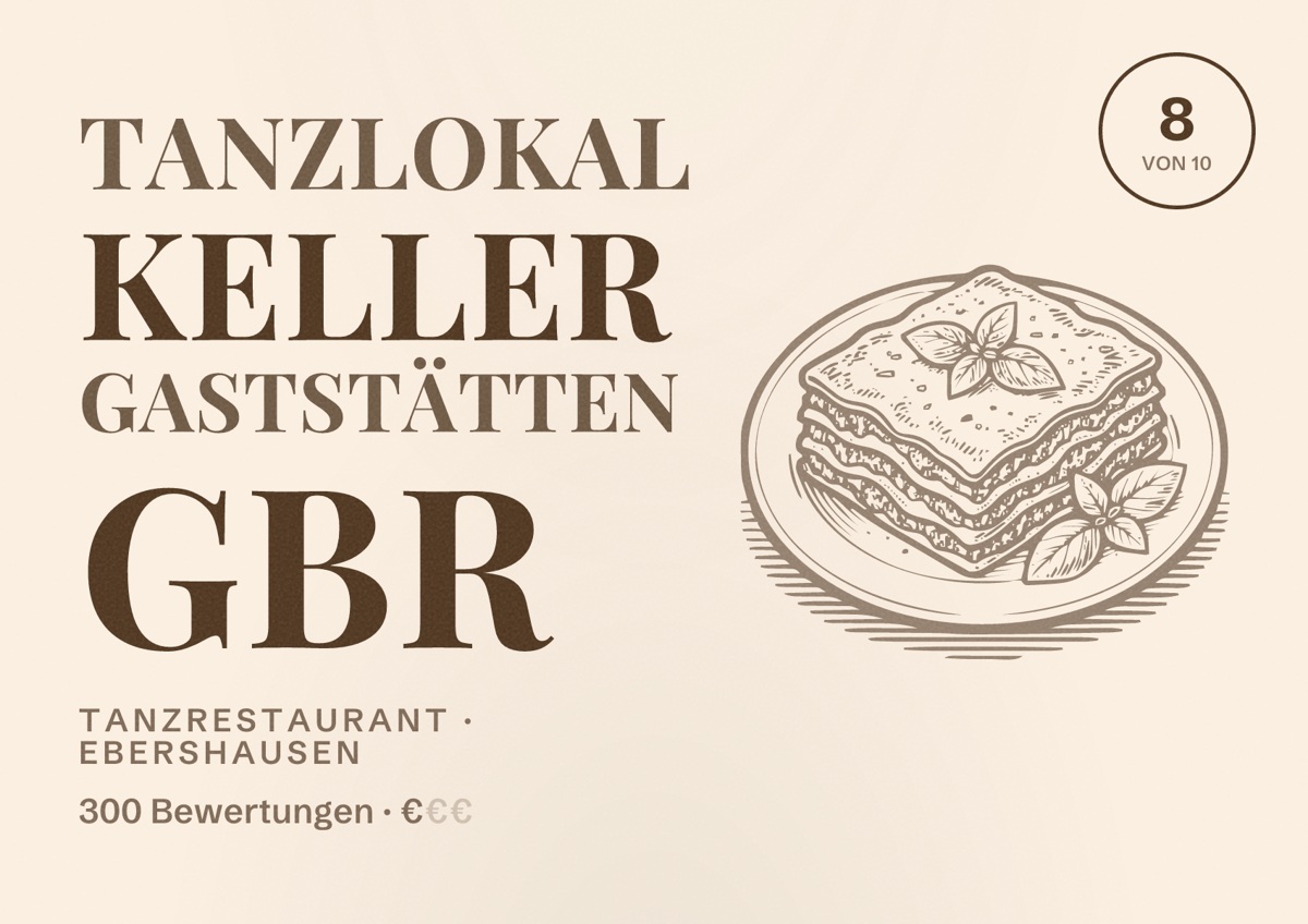 Illustriertes Poster von Tanzlokal Keller Gaststätten GbR, Tanzrestaurant in Ebershausen: Bewertung 8 von 10 aus 300 Bewertungen, Preisniveau €
