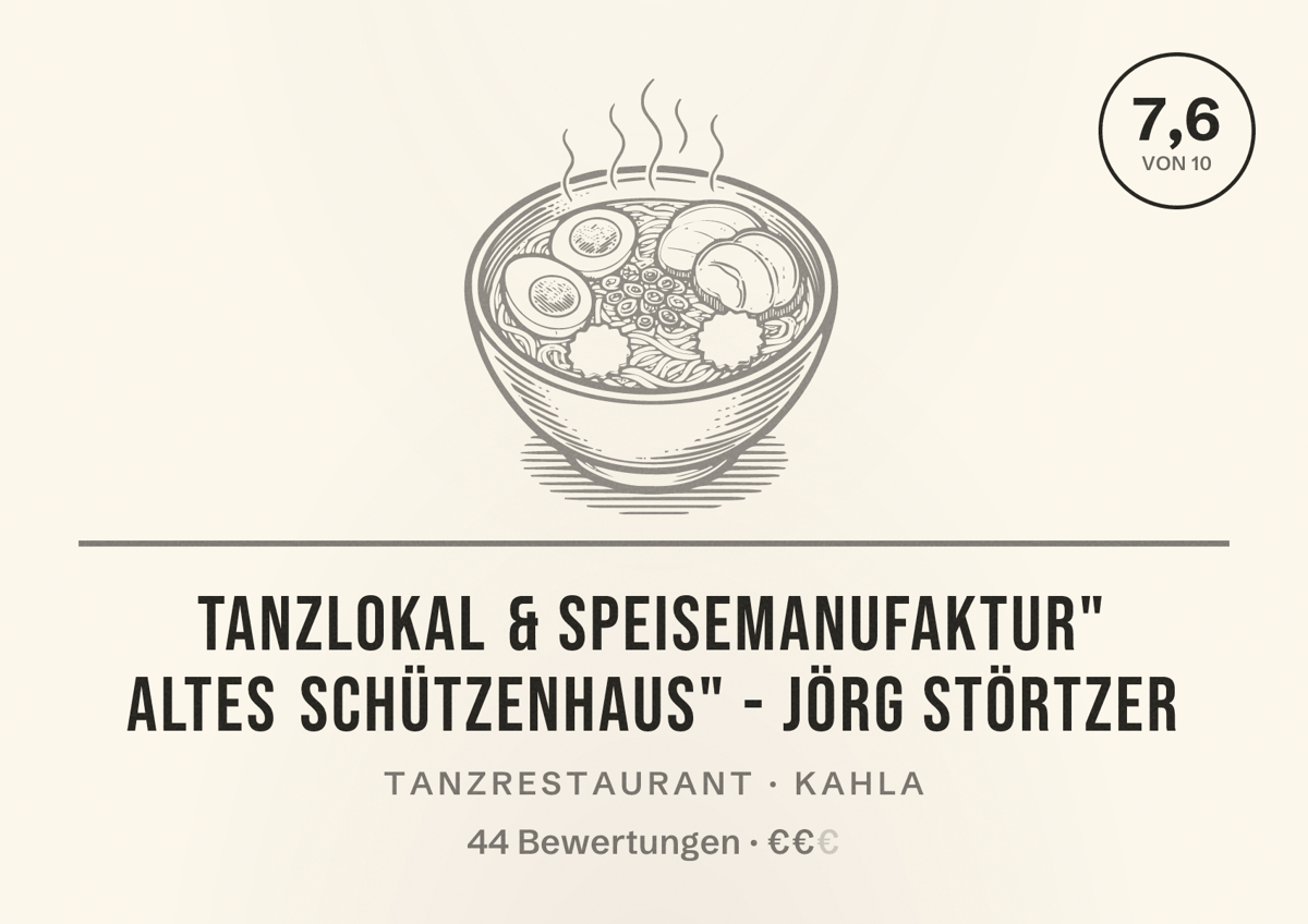 Illustriertes Poster von Tanzlokal & Speisemanufaktur" Altes Schützenhaus" - Jörg Störtzer, Tanzrestaurant in Kahla: Bewertung 7,6 von 10 aus 44 Bewertungen, Preisniveau €€
