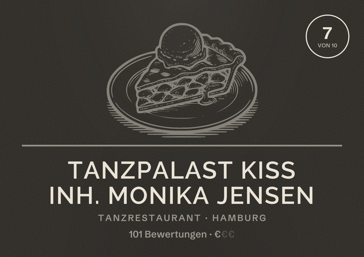 Illustriertes Poster von Tanzpalast Kiss Inh. Monika Jensen, Tanzrestaurant in Hamburg: Bewertung 7,0 von 10 aus 101 Bewertungen, Preisniveau €