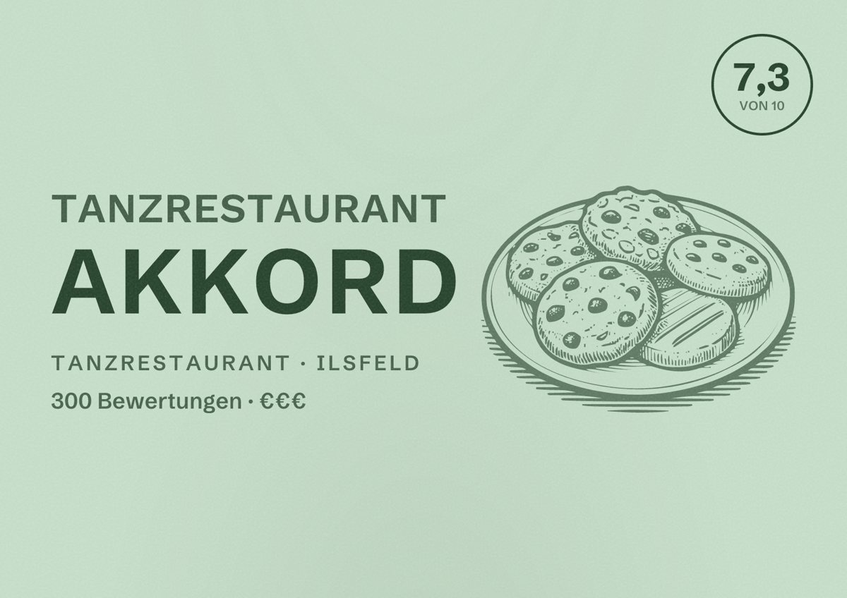 Illustriertes Poster von Tanzrestaurant Akkord, Tanzrestaurant in Ilsfeld: Bewertung 7,3 von 10 aus 300 Bewertungen, Preisniveau €€€