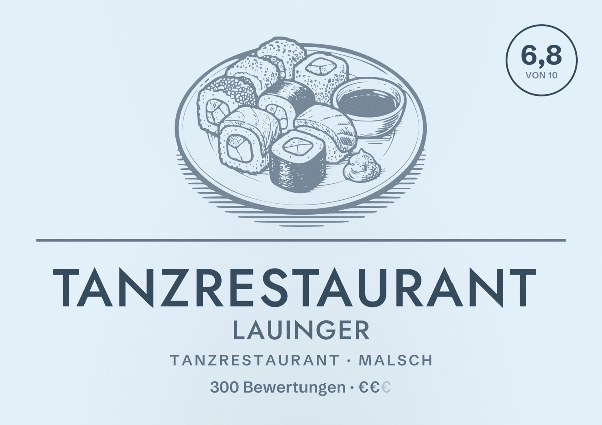 Illustriertes Poster von Tanzrestaurant Lauinger, Tanzrestaurant in Malsch: Bewertung 6,8 von 10 aus 300 Bewertungen, Preisniveau €€