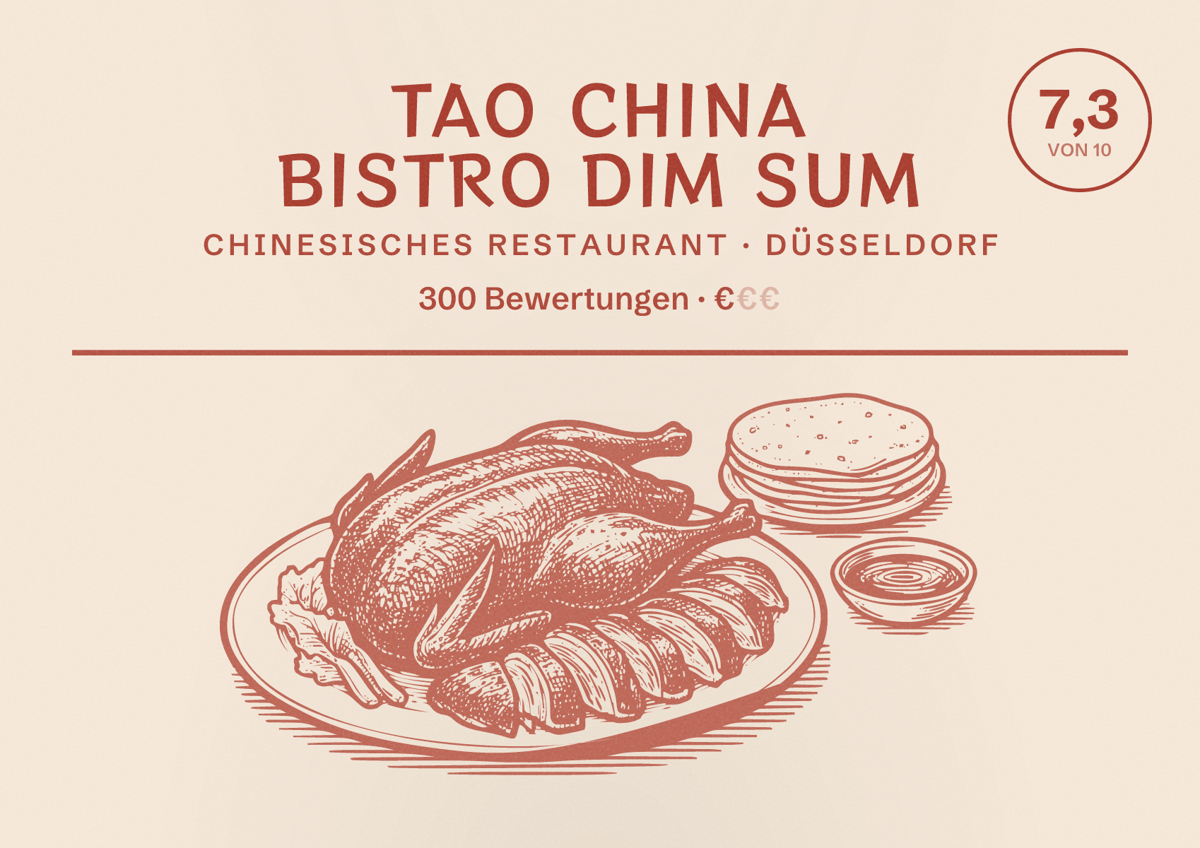 Illustriertes Poster von Tao China Bistro Dim Sum, Chinesisches Restaurant in Düsseldorf: Bewertung 7,3 von 10 aus 300 Bewertungen, Preisniveau €