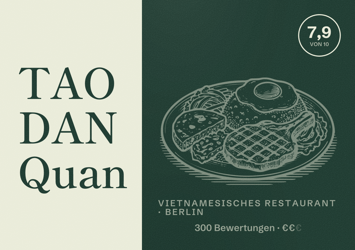 Illustriertes Poster von TAO DAN Quan, Vietnamesisches Restaurant in Berlin: Bewertung 7,9 von 10 aus 300 Bewertungen, Preisniveau €€