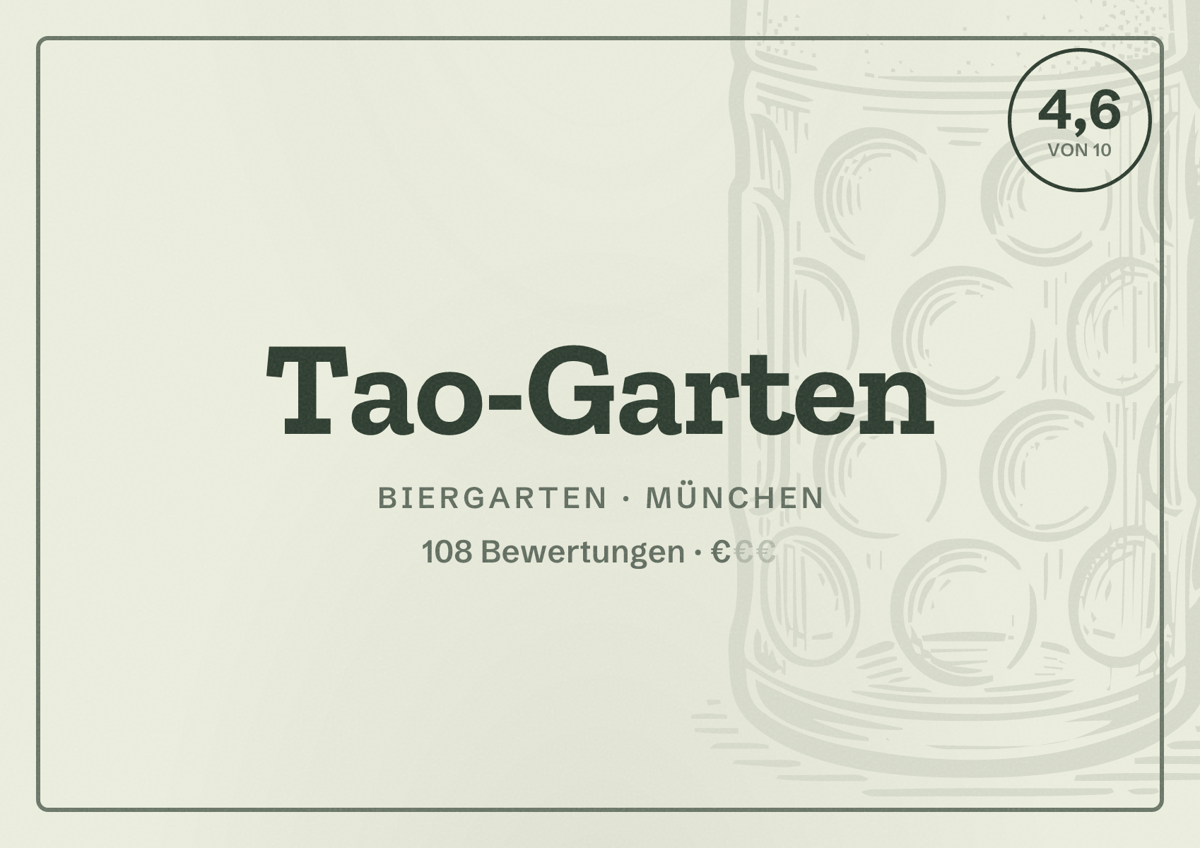 Illustriertes Poster von Tao-Garten, Biergarten in München: Bewertung 4,6 von 10 aus 108 Bewertungen, Preisniveau €