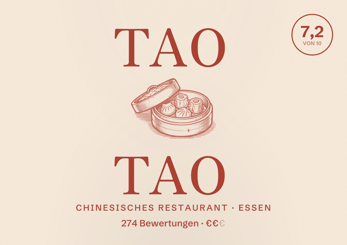 Illustriertes Poster von Tao Tao, Chinesisches Restaurant in Essen: Bewertung 7,2 von 10 aus 274 Bewertungen, Preisniveau €€