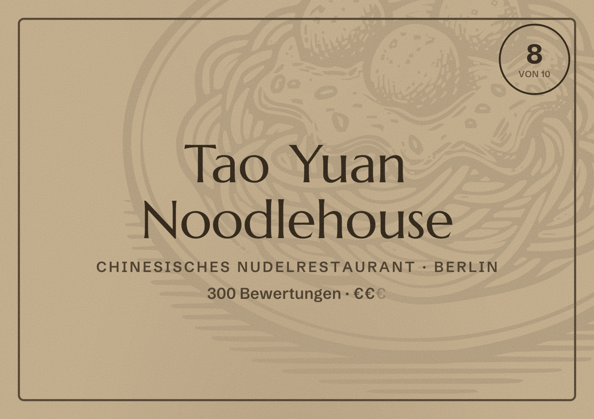 Illustriertes Poster von Tao Yuan Noodlehouse, Chinesisches Nudelrestaurant in Berlin: Bewertung 8,0 von 10 aus 300 Bewertungen, Preisniveau €€