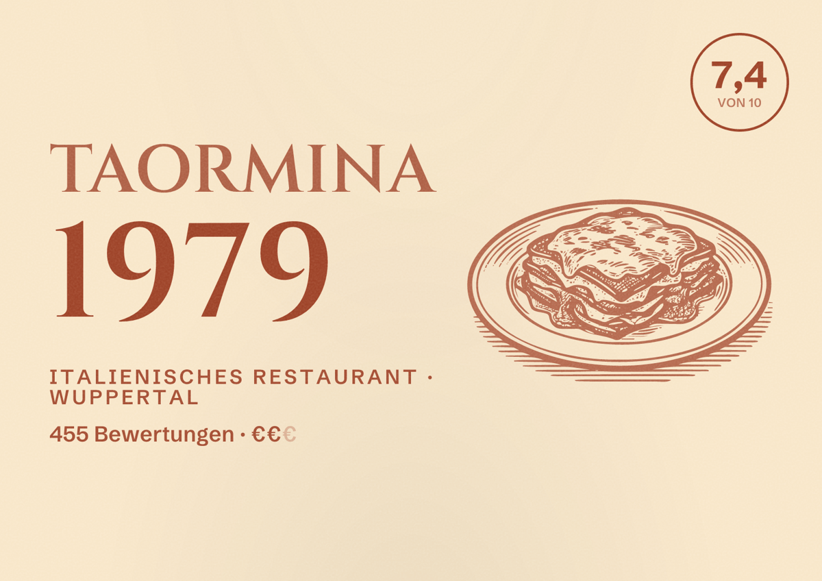 Illustriertes Poster von Taormina 1979, Italienisches Restaurant in Wuppertal: Bewertung 7,4 von 10 aus 455 Bewertungen, Preisniveau €€