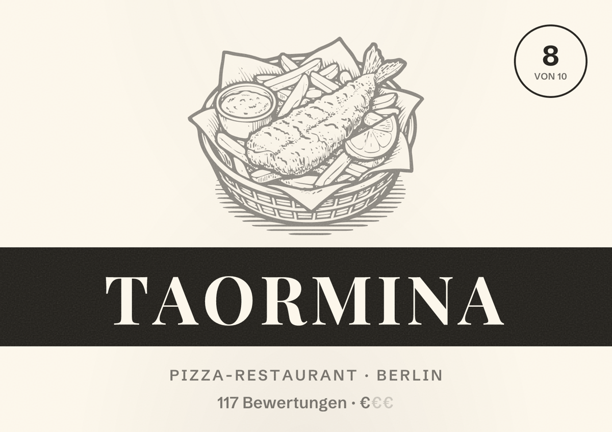 Illustriertes Poster von Taormina, Pizza-Restaurant in Berlin: Bewertung 8,0 von 10 aus 117 Bewertungen, Preisniveau €