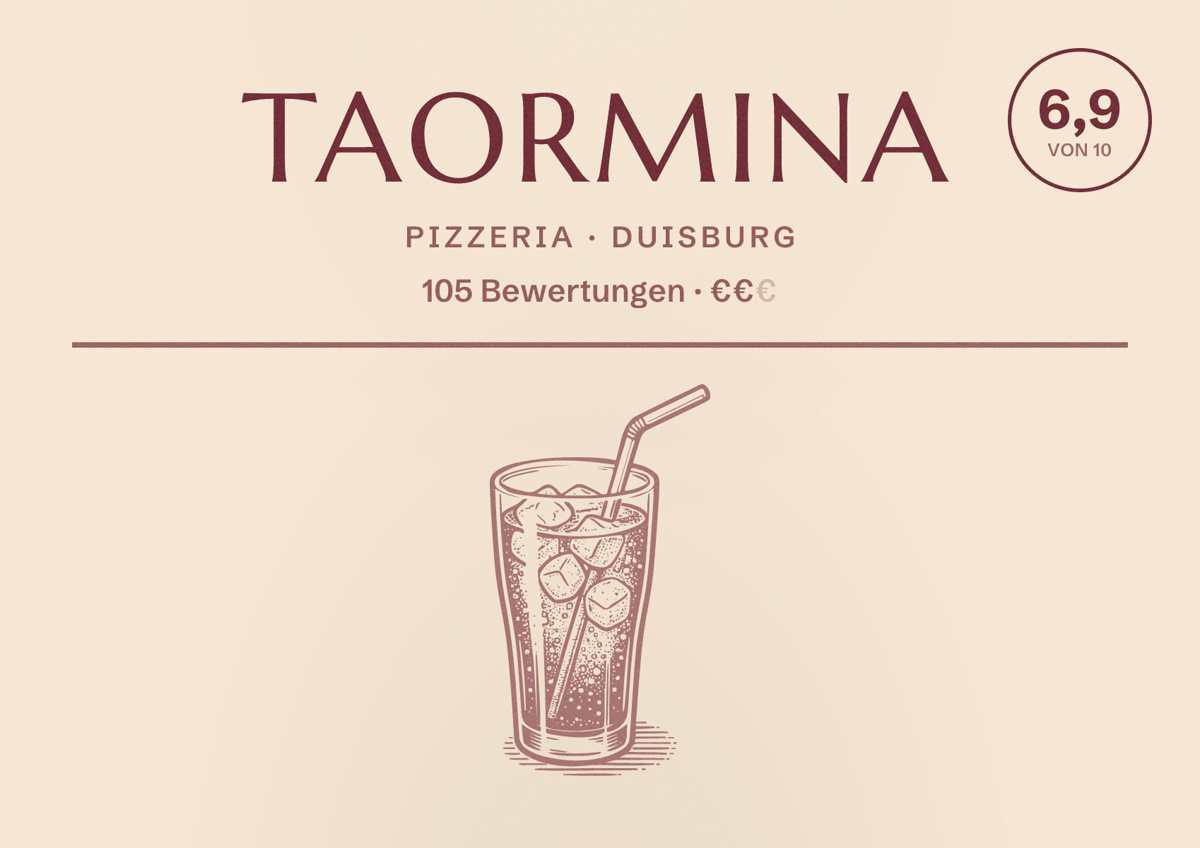 Illustriertes Poster von Taormina, Pizzeria in Duisburg: Bewertung 6,9 von 10 aus 105 Bewertungen, Preisniveau €€
