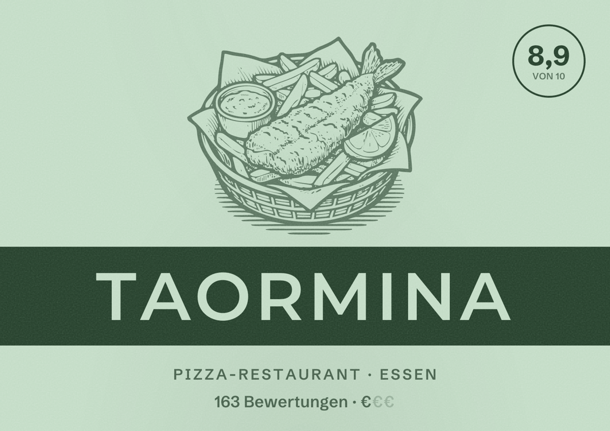 Illustriertes Poster von Taormina, Pizza-Restaurant in Essen: Bewertung 8,9 von 10 aus 163 Bewertungen, Preisniveau €