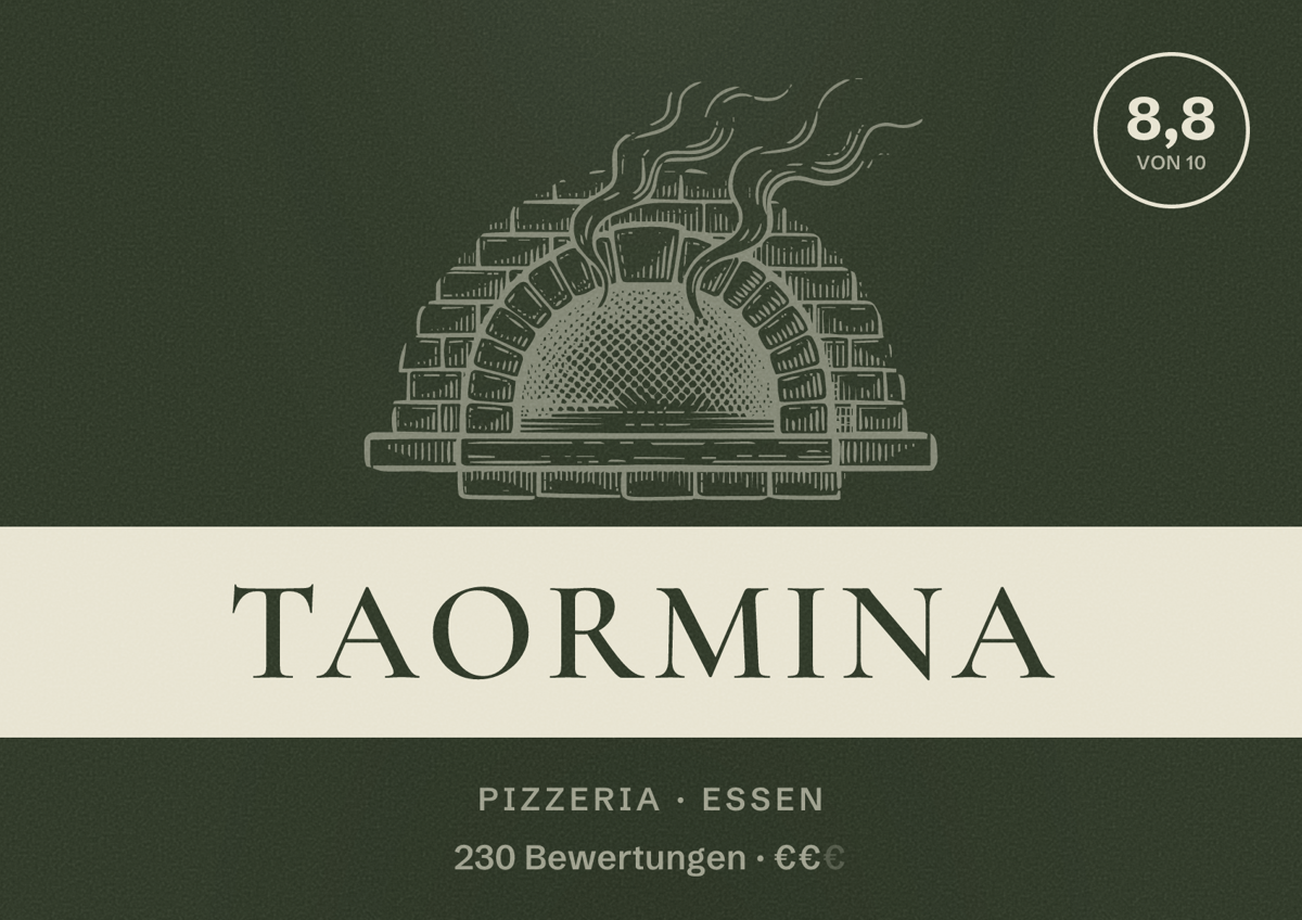 Illustriertes Poster von Taormina, Pizzeria in Essen: Bewertung 8,8 von 10 aus 230 Bewertungen, Preisniveau €€
