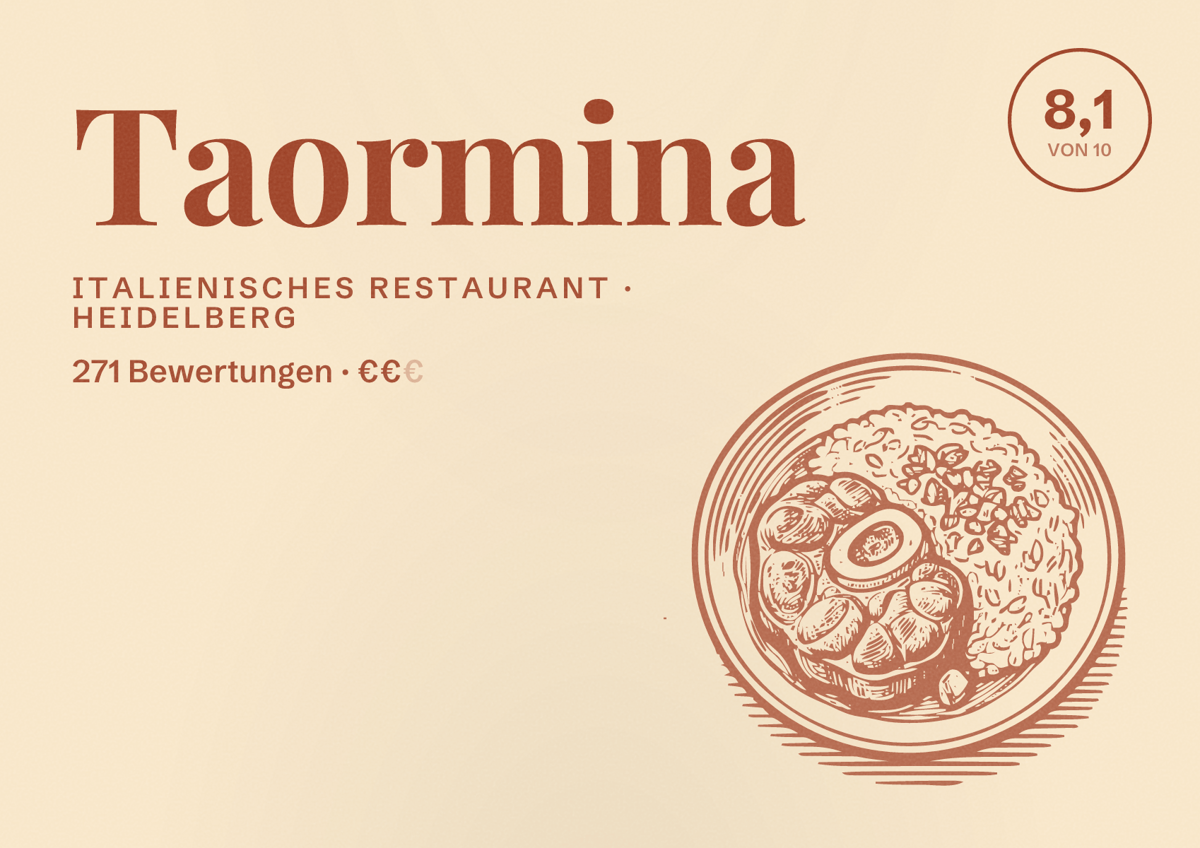 Illustriertes Poster von Taormina, Italienisches Restaurant in Heidelberg: Bewertung 8,1 von 10 aus 271 Bewertungen, Preisniveau €€