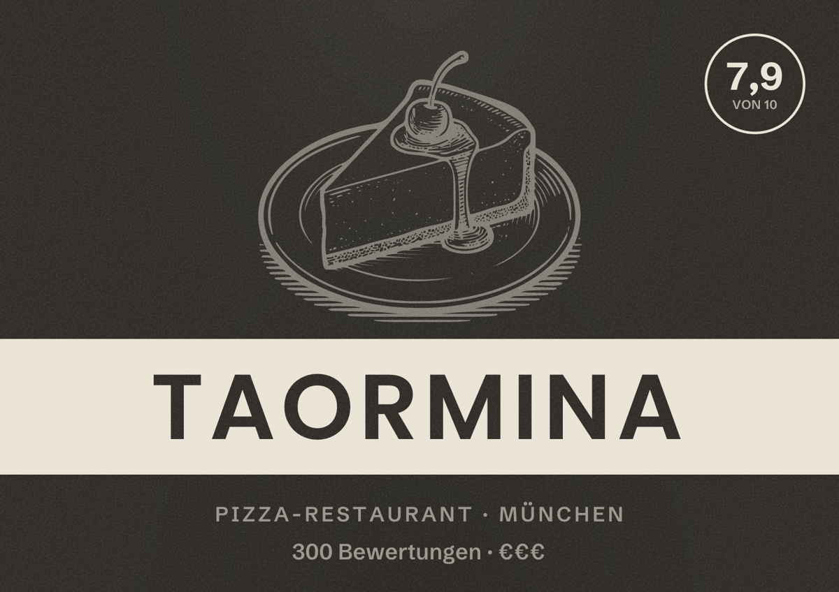 Illustriertes Poster von Taormina, Pizza-Restaurant in München: Bewertung 7,9 von 10 aus 300 Bewertungen, Preisniveau €€€
