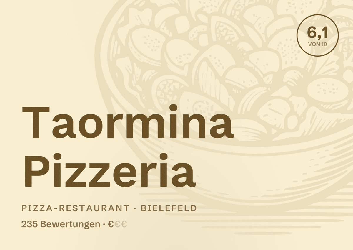 Illustriertes Poster von Taormina Pizzeria, Pizza-Restaurant in Bielefeld: Bewertung 6,1 von 10 aus 235 Bewertungen, Preisniveau €