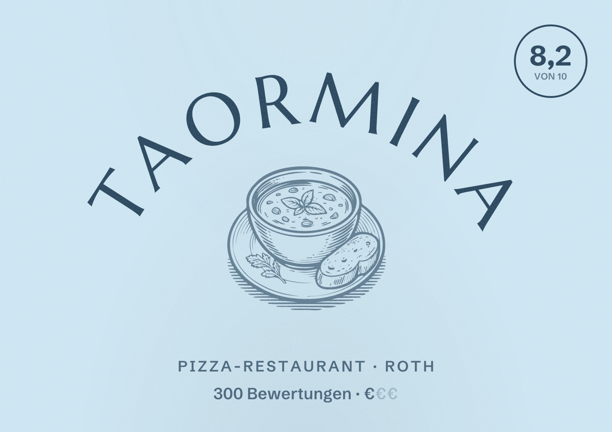 Illustriertes Poster von Taormina, Pizza-Restaurant in Roth: Bewertung 8,2 von 10 aus 300 Bewertungen, Preisniveau €