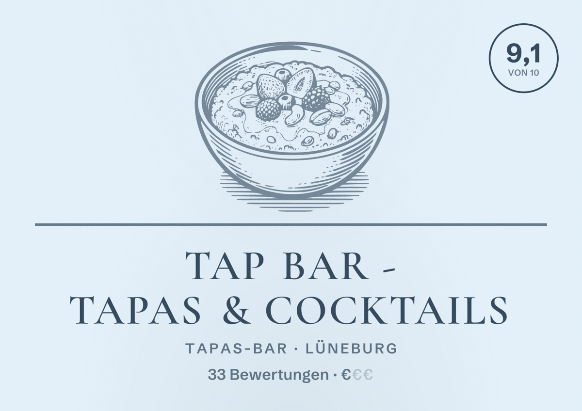 Illustriertes Poster von Tap Bar - Tapas & Cocktails, Tapas-Bar in Lüneburg: Bewertung 9,1 von 10 aus 33 Bewertungen, Preisniveau €