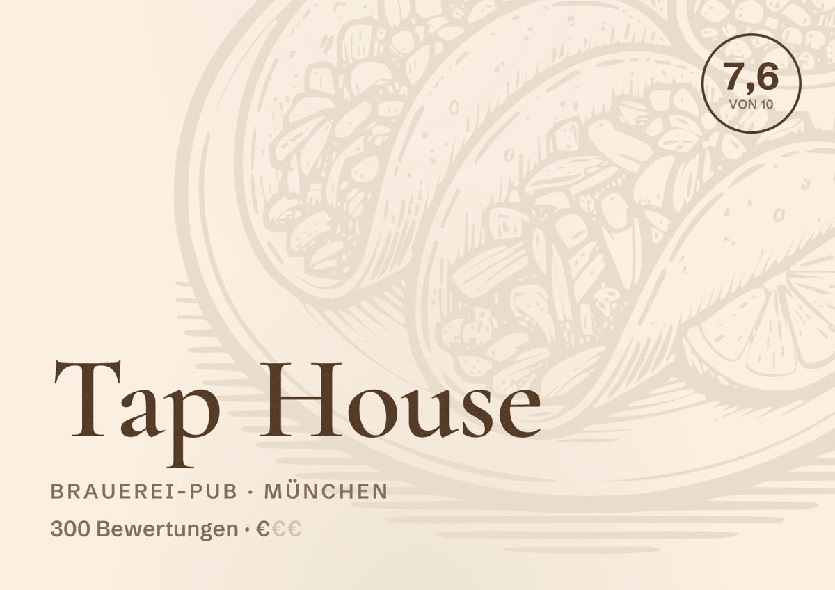 Illustriertes Poster von Tap House, Brauerei-Pub in München: Bewertung 7,6 von 10 aus 300 Bewertungen, Preisniveau €