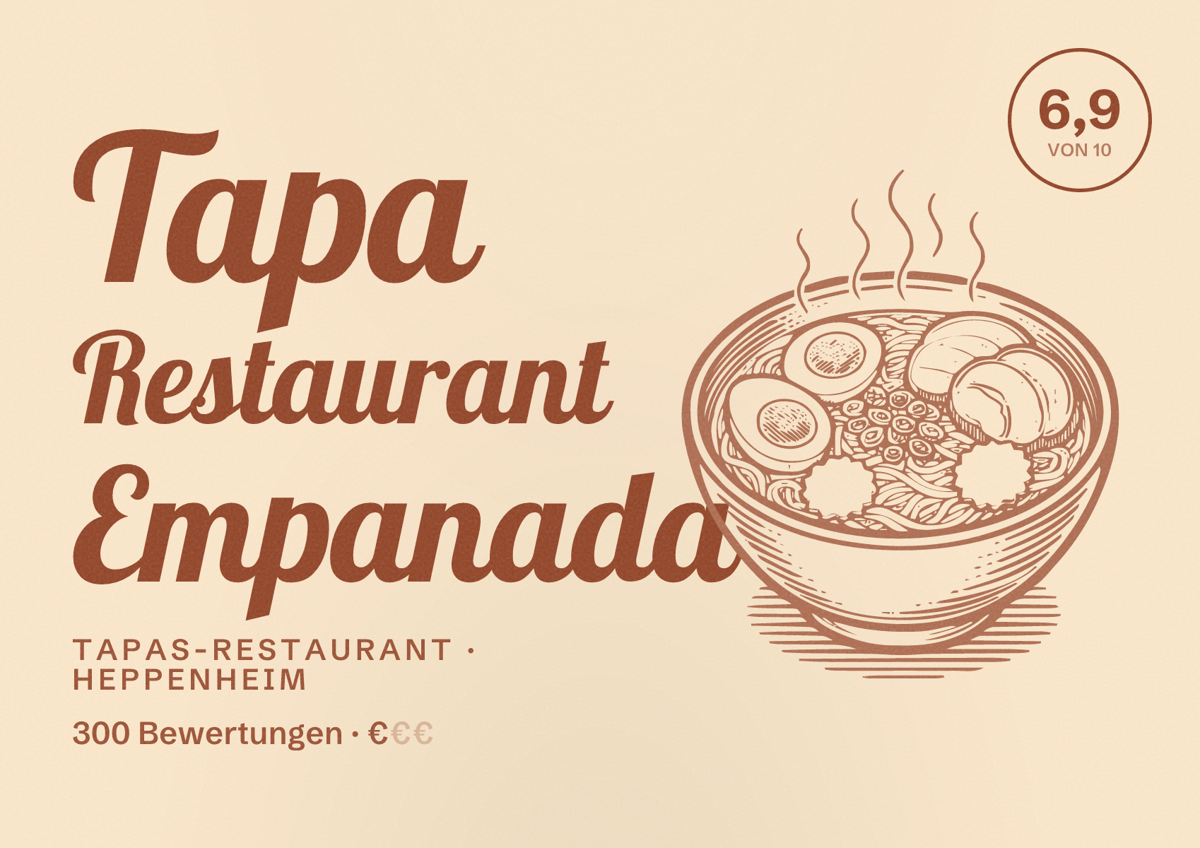 Illustriertes Poster von Tapa Restaurant Empanada, Tapas-Restaurant in Heppenheim: Bewertung 6,9 von 10 aus 300 Bewertungen, Preisniveau €