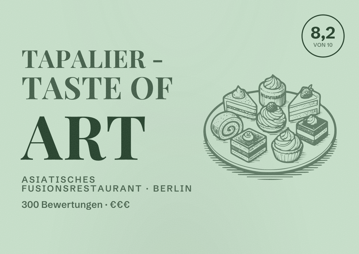 Illustriertes Poster von Tapalier - Taste of Art, Asiatisches Fusionsrestaurant in Berlin: Bewertung 8,2 von 10 aus 300 Bewertungen, Preisniveau €€€
