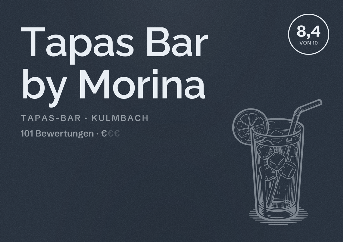 Illustriertes Poster von Tapas Bar by Morina, Tapas-Bar in Kulmbach: Bewertung 8,4 von 10 aus 101 Bewertungen, Preisniveau €