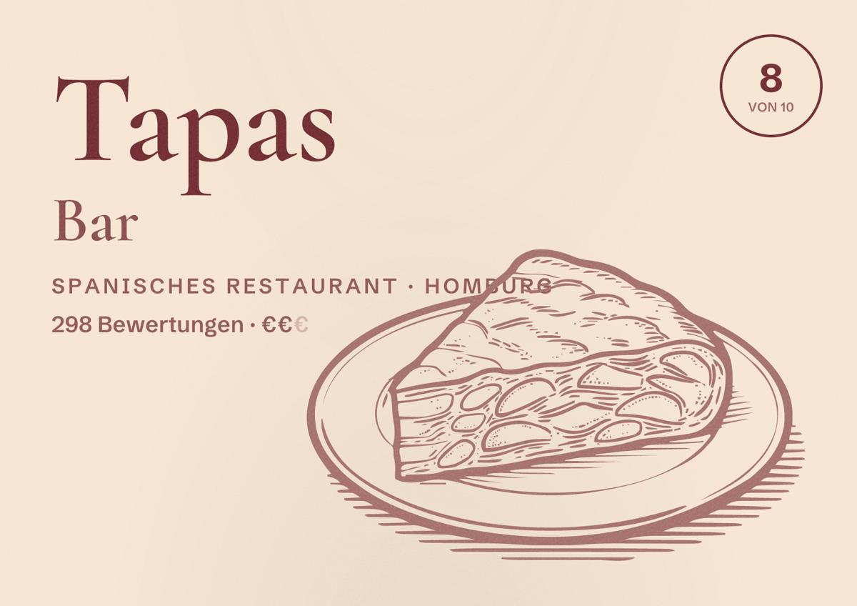 Illustriertes Poster von Tapas Bar, Spanisches Restaurant in Homburg: Bewertung 8 von 10 aus 298 Bewertungen, Preisniveau €€