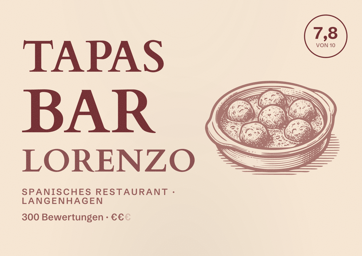 Illustriertes Poster von Tapas Bar Lorenzo, Spanisches Restaurant in Langenhagen: Bewertung 7,8 von 10 aus 300 Bewertungen, Preisniveau €€