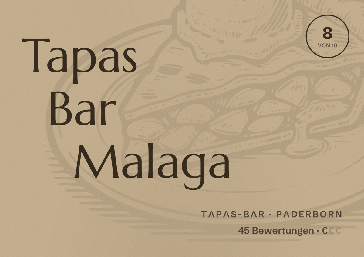 Illustriertes Poster von Tapas Bar Malaga, Tapas-Bar in Paderborn: Bewertung 8 von 10 aus 45 Bewertungen, Preisniveau €