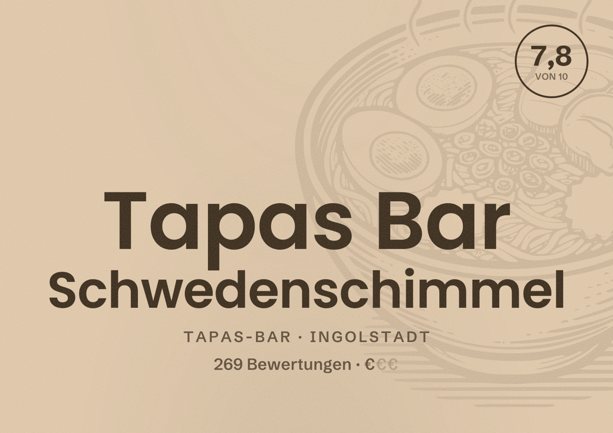 Illustriertes Poster von Tapas Bar Schwedenschimmel, Tapas-Bar in Ingolstadt: Bewertung 7,8 von 10 aus 269 Bewertungen, Preisniveau €
