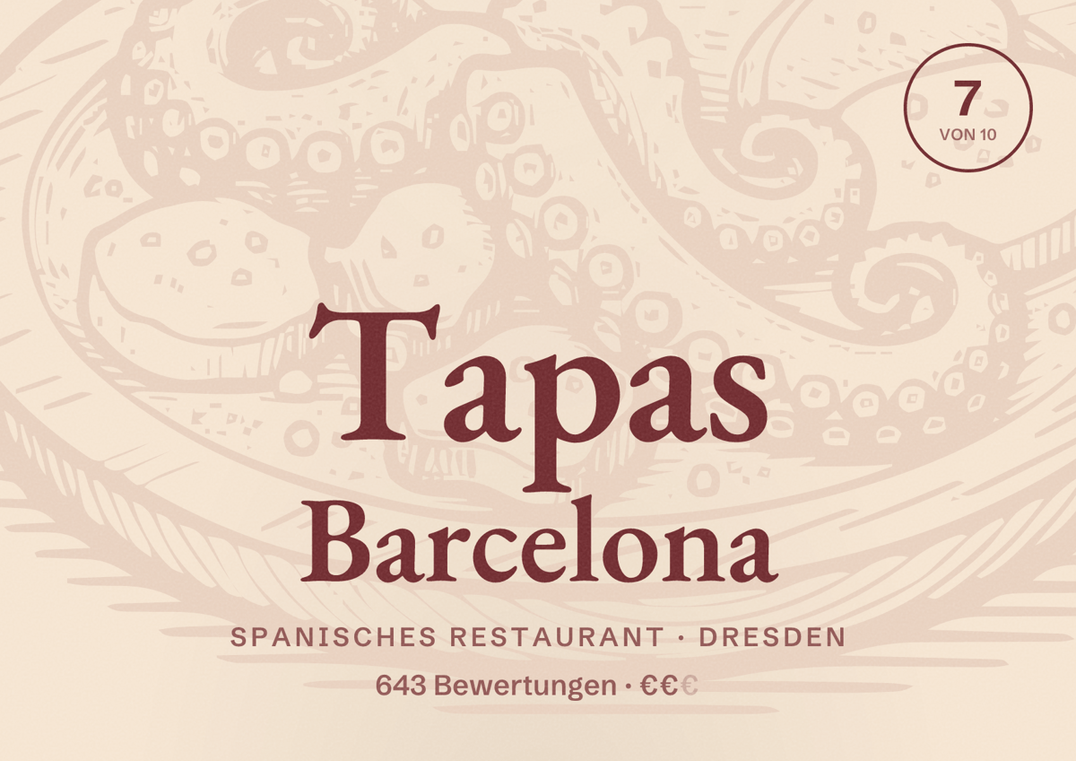 Illustriertes Poster von Tapas Barcelona, Spanisches Restaurant in Dresden: Bewertung 7 von 10 aus 643 Bewertungen, Preisniveau €€