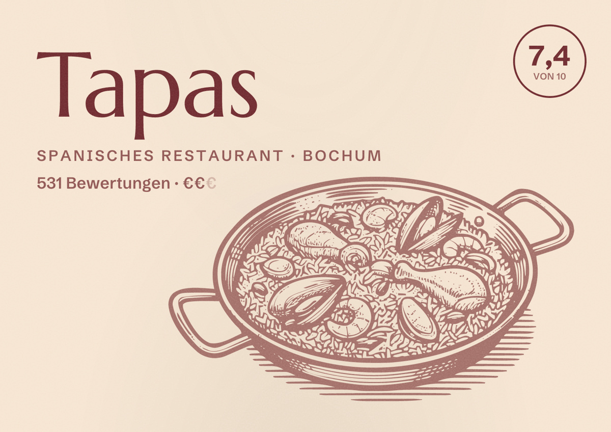Illustriertes Poster von Tapas, Spanisches Restaurant in Bochum: Bewertung 7,4 von 10 aus 531 Bewertungen, Preisniveau €€