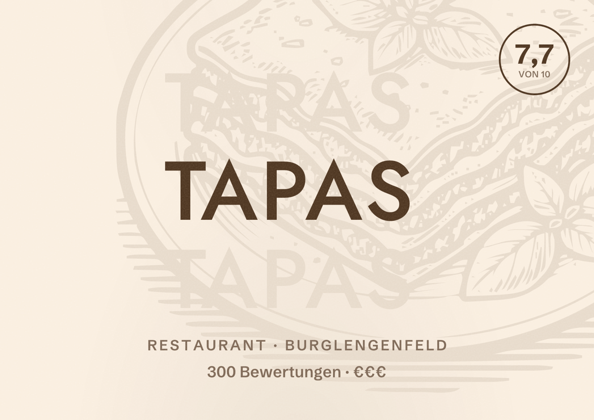 Illustriertes Poster von Tapas, Restaurant in Burglengenfeld: Bewertung 7,7 von 10 aus 300 Bewertungen, Preisniveau €€€