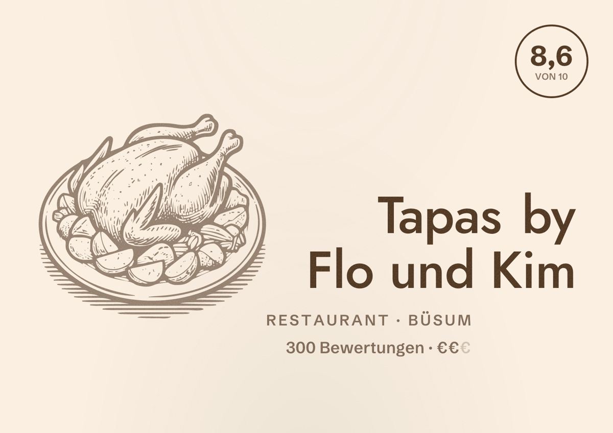 Illustriertes Poster von Tapas by Flo und Kim, Restaurant in Büsum: Bewertung 8,6 von 10 aus 300 Bewertungen, Preisniveau €€