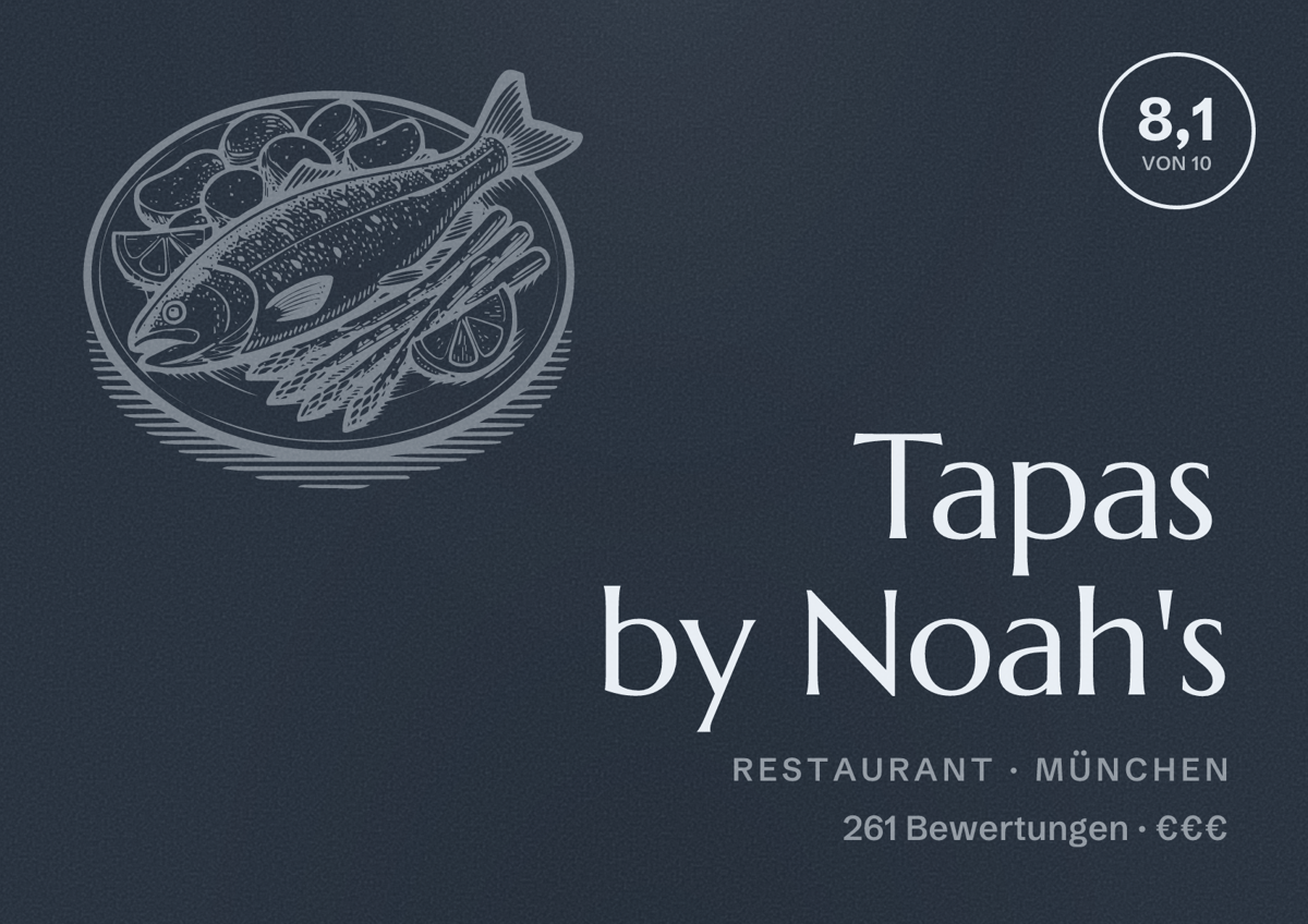 Illustriertes Poster von Tapas by Noah's, Restaurant in München: Bewertung 8,1 von 10 aus 261 Bewertungen, Preisniveau €€€