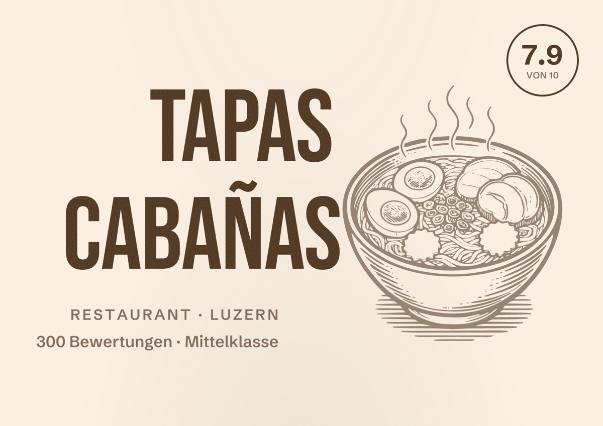 Illustriertes Poster von Tapas Cabañas, Restaurant in Luzern: Bewertung 7.9 von 10 aus 300 Bewertungen, Preisniveau Mittelklasse