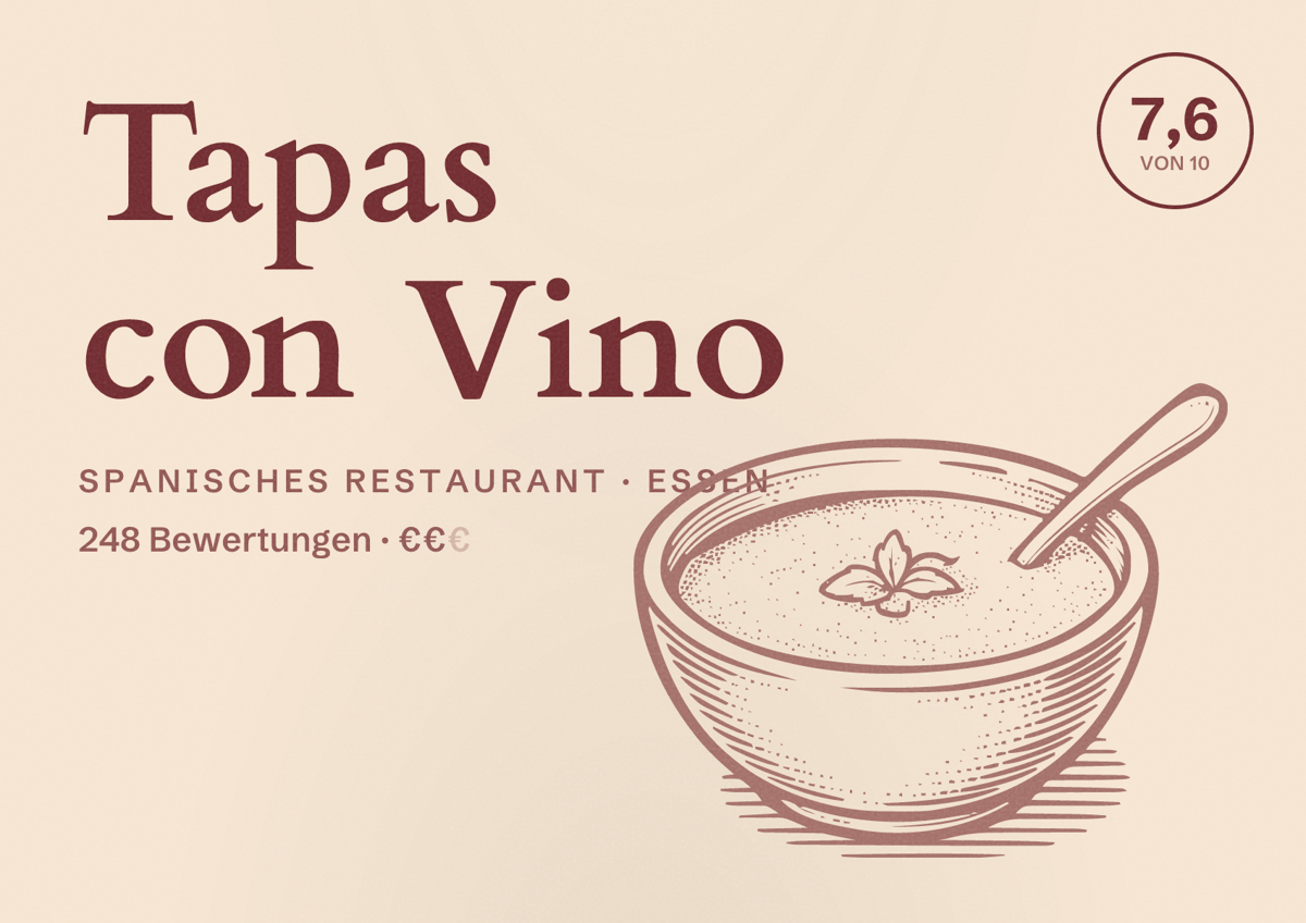 Illustriertes Poster von Tapas con Vino, Spanisches Restaurant in Essen: Bewertung 7,6 von 10 aus 248 Bewertungen, Preisniveau €€