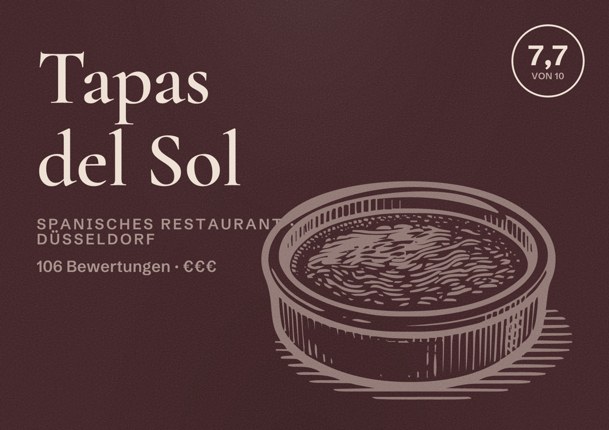 Illustriertes Poster von Tapas del Sol, Spanisches Restaurant in Düsseldorf: Bewertung 7,7 von 10 aus 106 Bewertungen, Preisniveau €€€