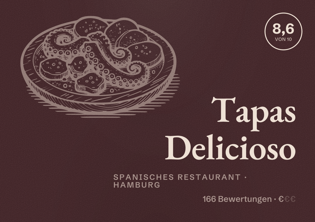 Illustriertes Poster von Tapas Delicioso, Spanisches Restaurant in Hamburg: Bewertung 8,6 von 10 aus 166 Bewertungen, Preisniveau €
