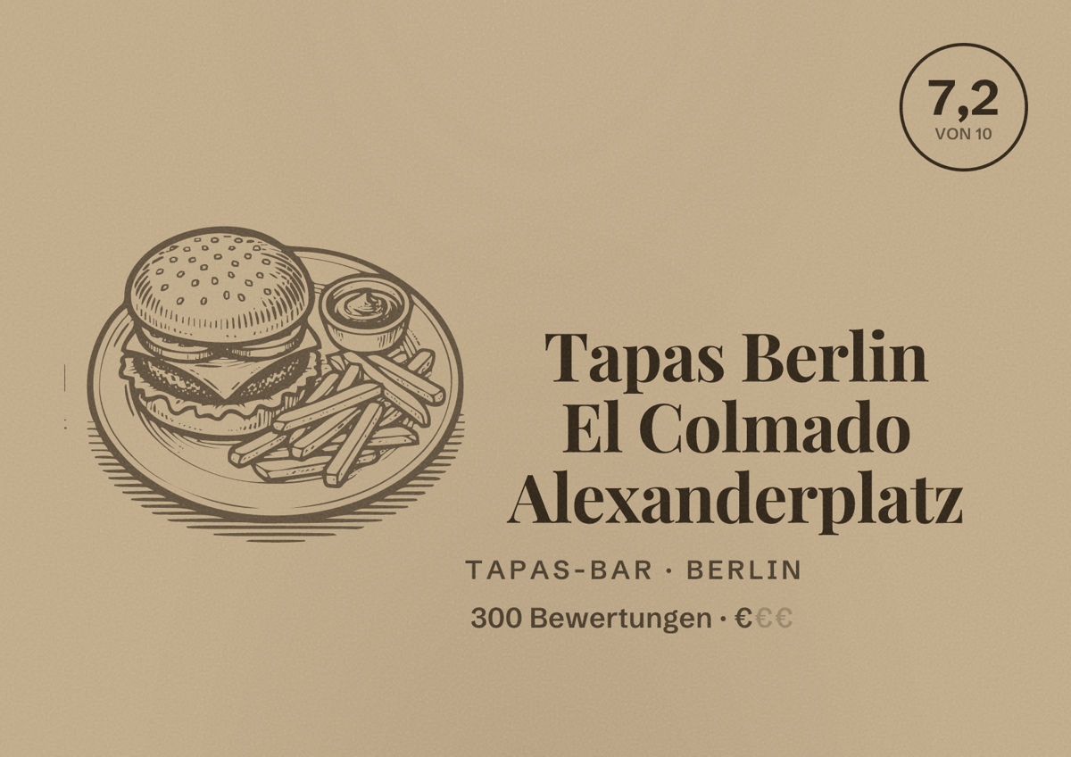 Illustriertes Poster von Tapas Berlin El Colmado Alexanderplatz, Tapas-Bar in Berlin: Bewertung 7,2 von 10 aus 300 Bewertungen, Preisniveau €