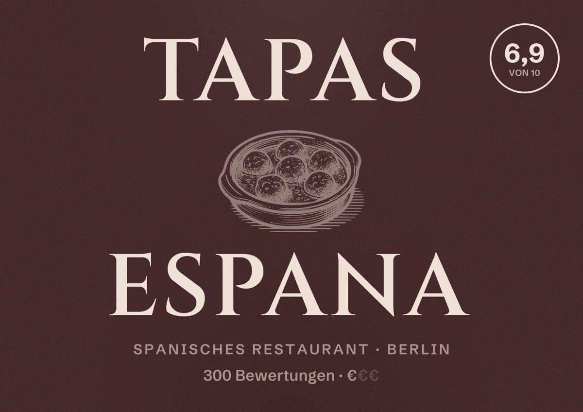 Illustriertes Poster von Tapas Espana, Spanisches Restaurant in Berlin: Bewertung 6,9 von 10 aus 300 Bewertungen, Preisniveau €