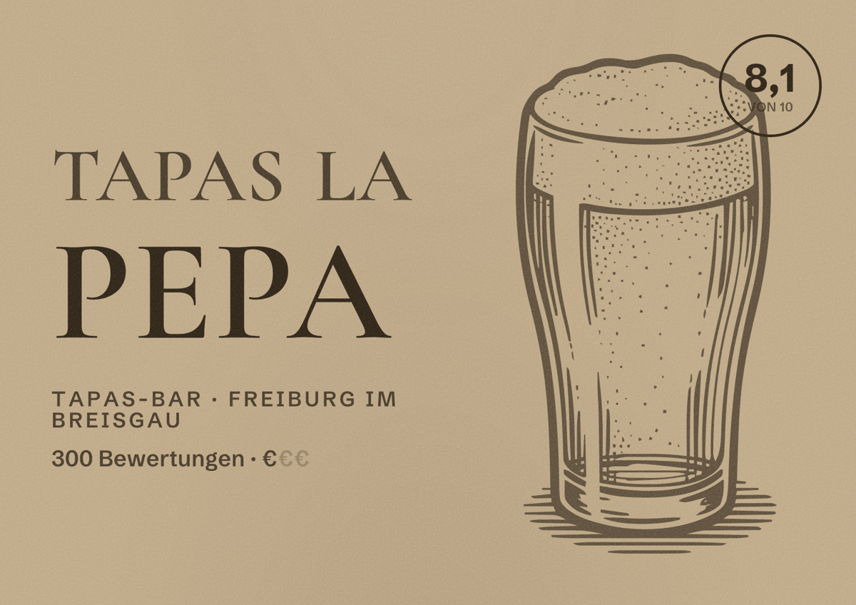 Illustriertes Poster von Tapas la pepa, Tapas-Bar in Freiburg im Breisgau: Bewertung 8,1 von 10 aus 300 Bewertungen, Preisniveau €