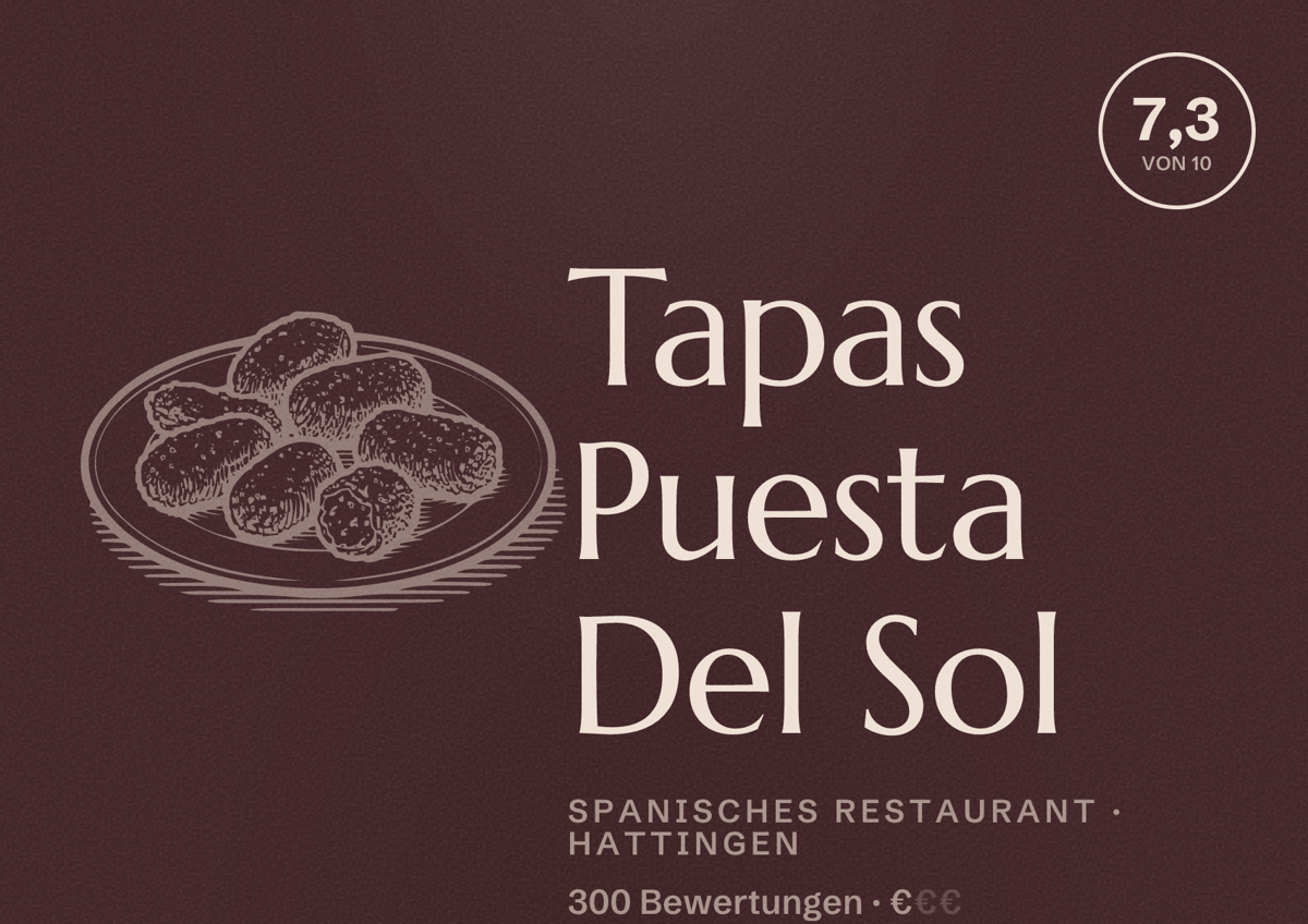 Illustriertes Poster von Tapas Puesta Del Sol, Spanisches Restaurant in Hattingen: Bewertung 7,3 von 10 aus 300 Bewertungen, Preisniveau €