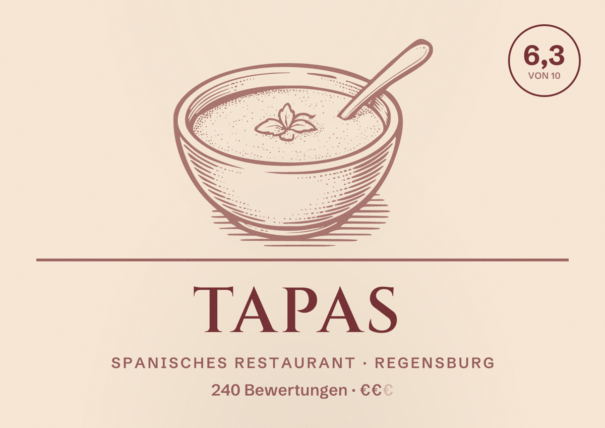 Illustriertes Poster von Tapas, Spanisches Restaurant in Regensburg: Bewertung 6,3 von 10 aus 240 Bewertungen, Preisniveau €€