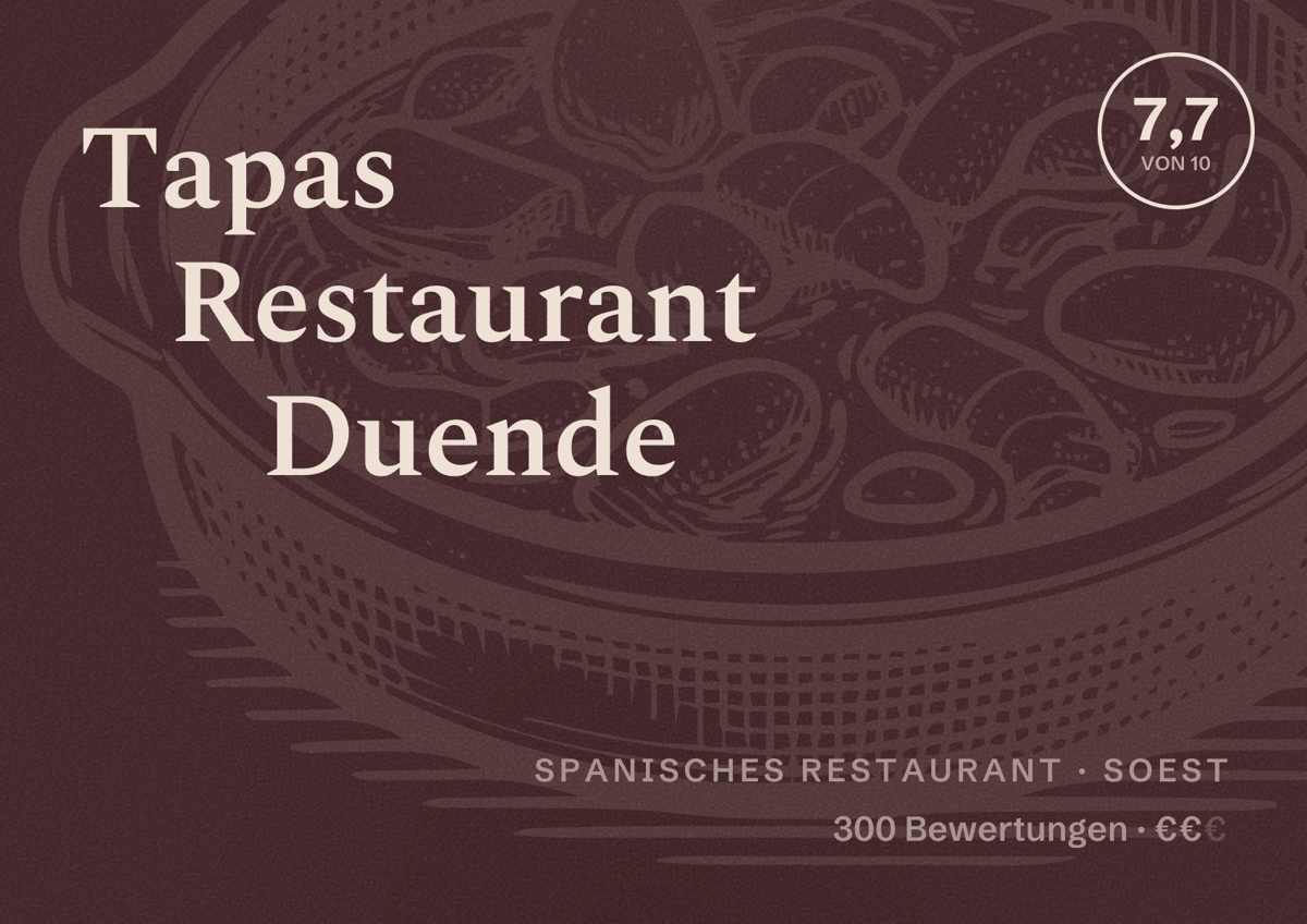 Illustriertes Poster von Tapas Restaurant Duende, Spanisches Restaurant in Soest: Bewertung 7,7 von 10 aus 300 Bewertungen, Preisniveau €€