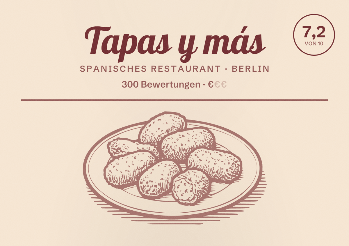 Illustriertes Poster von Tapas y más, Spanisches Restaurant in Berlin: Bewertung 7,2 von 10 aus 300 Bewertungen, Preisniveau €