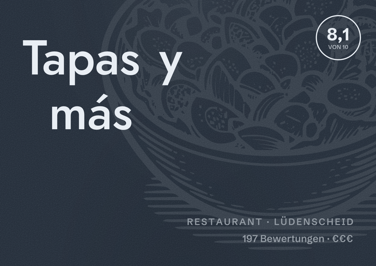 Illustriertes Poster von Tapas y más, Restaurant in Lüdenscheid: Bewertung 8,1 von 10 aus 197 Bewertungen, Preisniveau €€€